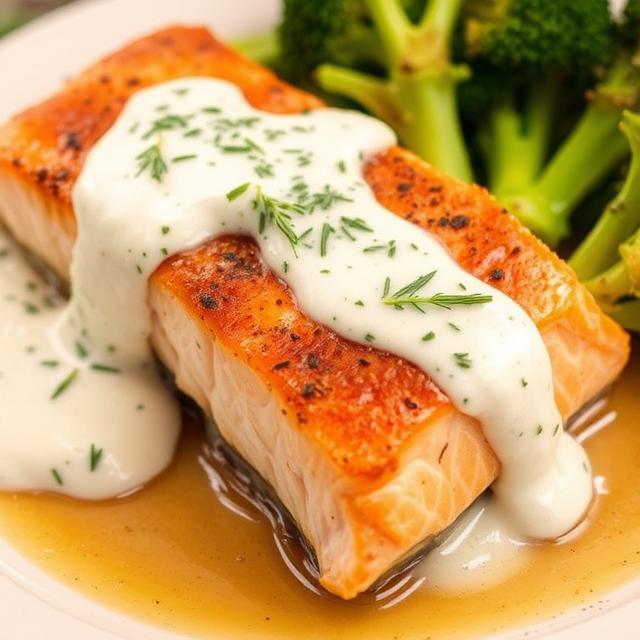 Baked Salmon with Creamy Dill Sauce and Roasted Broccoli